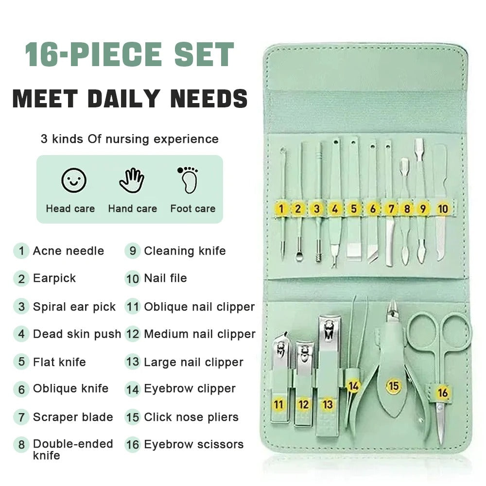 16-Piece Professional Stainless Steel Manicure Set with Nail Clippers, Scissors, Tweezers, and Foot/Hand Care Tools in PT Leather Case