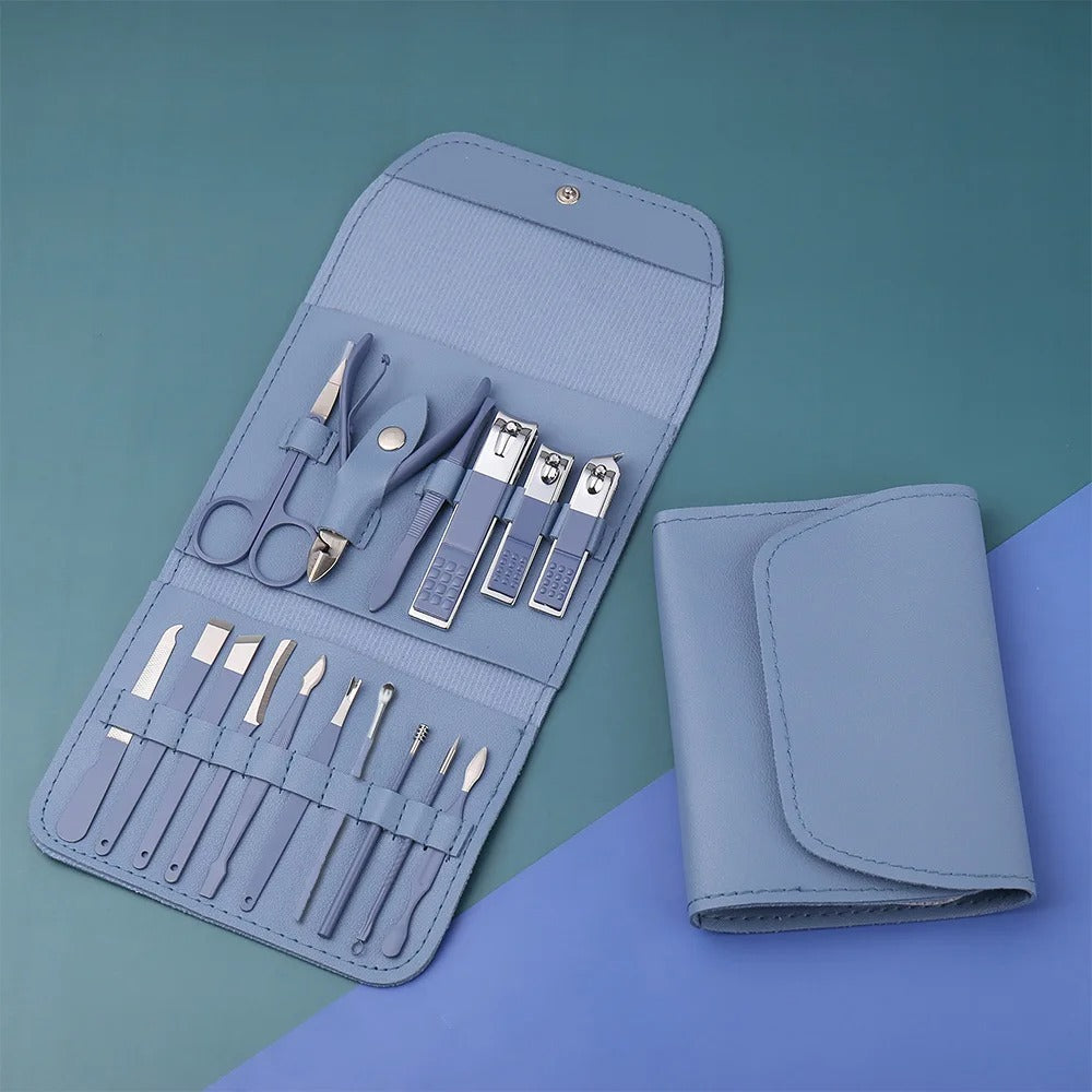 16-Piece Professional Stainless Steel Manicure Set with Nail Clippers, Scissors, Tweezers, and Foot/Hand Care Tools in PT Leather Case