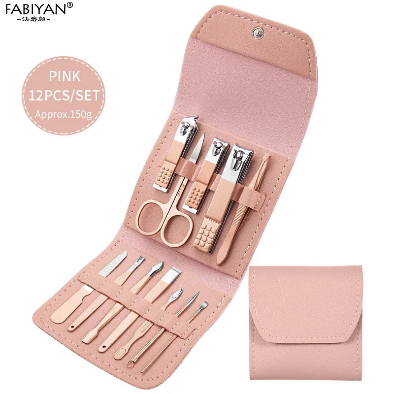 16-Piece Professional Stainless Steel Manicure Set with Nail Clippers, Scissors, Tweezers, and Foot/Hand Care Tools in PT Leather Case